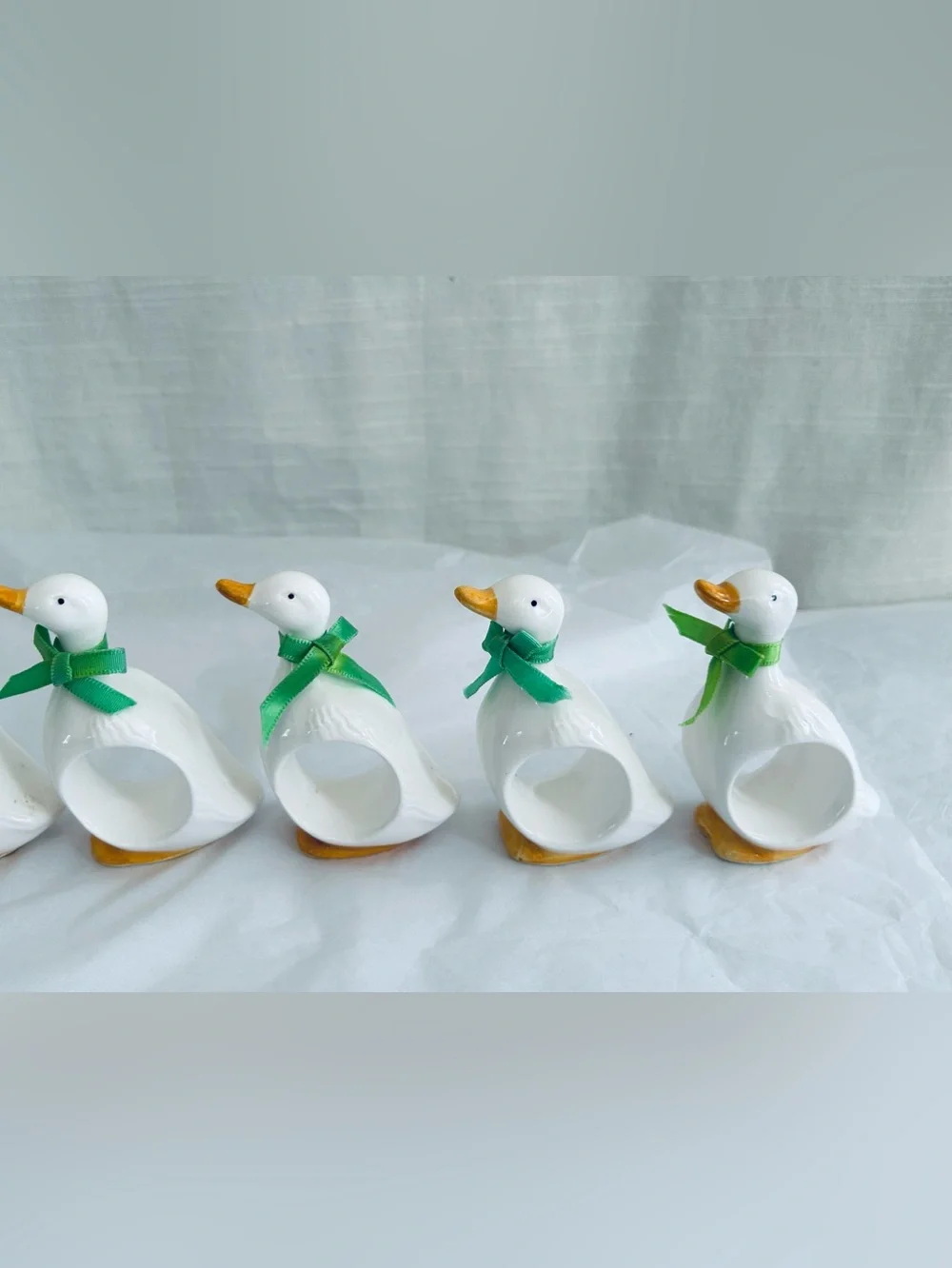 Vintage 1983 R, Gavalon Collectible Ceramic Duck Napkin Rings with Green Bows